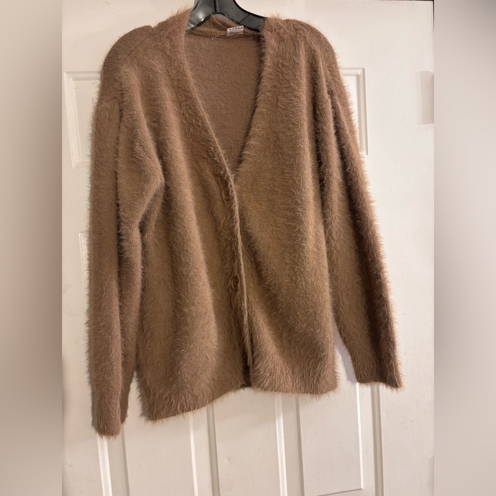 Slouchy V-Neck Cardigan Fuzzy Knit Sweater Oversized Drop Shoulder Long Sleeves - Picture 7 of 10